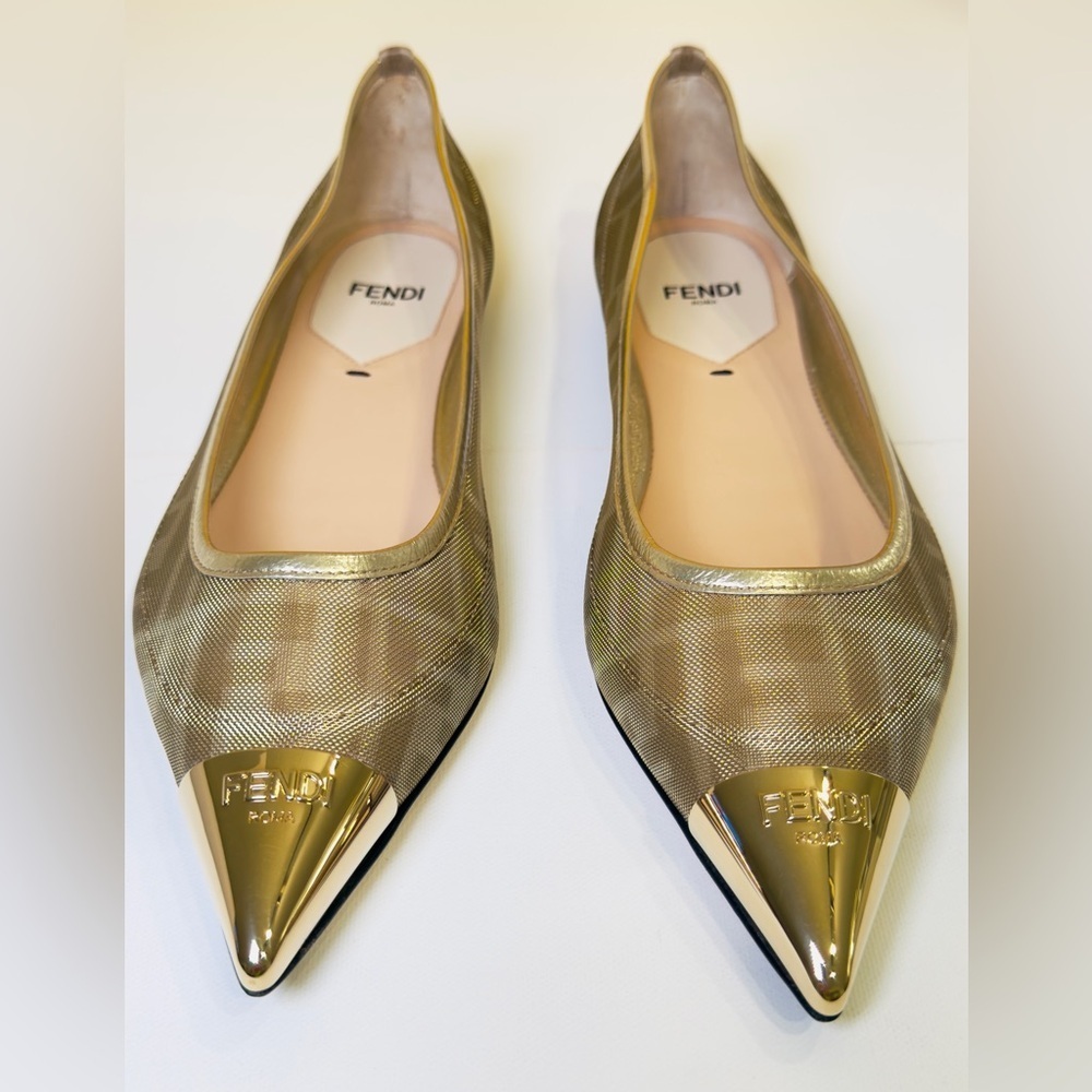 Fendi Colibri FF Mesh Ballerina Flats Gold Pointed Logo Engraved Metal Size 37 - Picture 11 of 15
